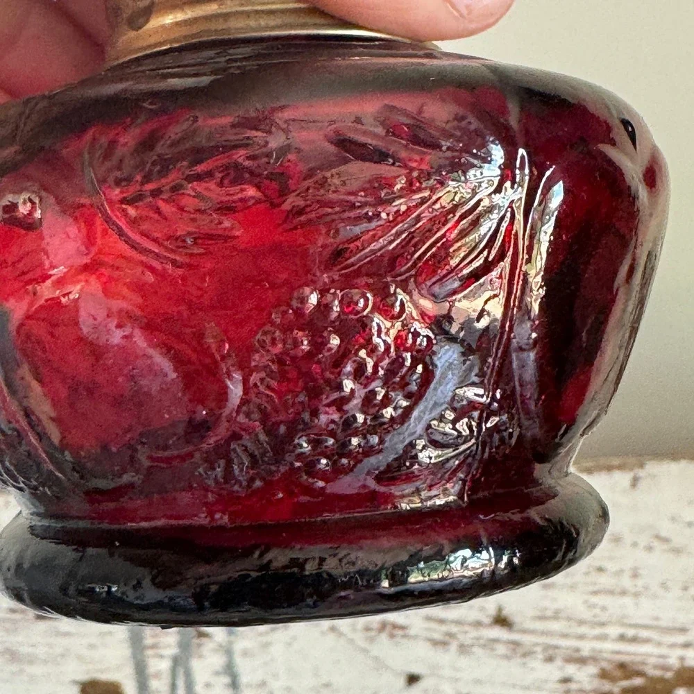 Vintage Ruby Red Glass Miniature Finger‎ Oil Lamp with White Milk Glass Chimney